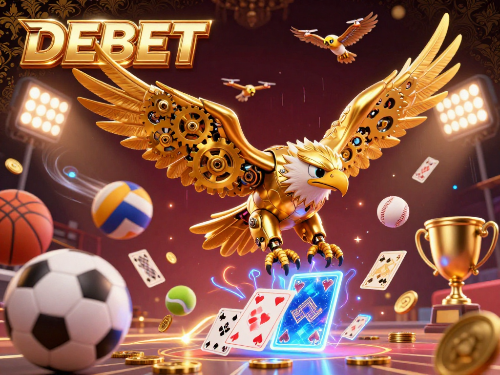 Engage in thrilling gameplay at DEBET with a cybernetic eagle soaring through dynamic casino elements in an electrifying scene.