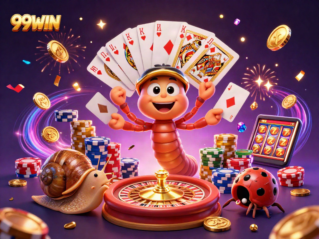 Experience thrilling wins with 99WIN: A colorful casino scene featuring vibrant characters and game elements.