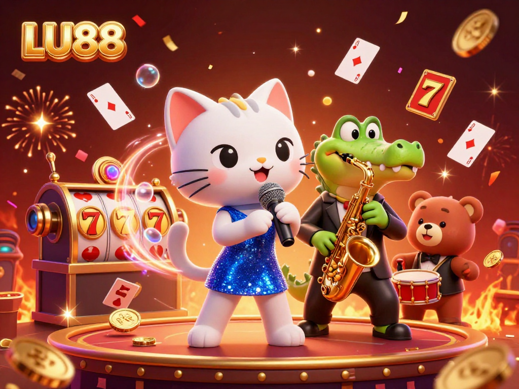 LU88 Casino scene featuring a jazz-singer cat and friends performing with floating cards and gold coins.