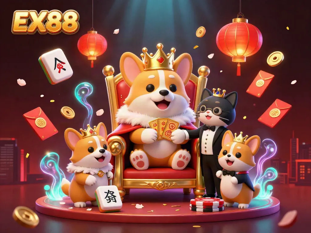 Experience the thrilling vibe of EX88 with a royal corgi on a poker chip throne surrounded by festive casino elements.
