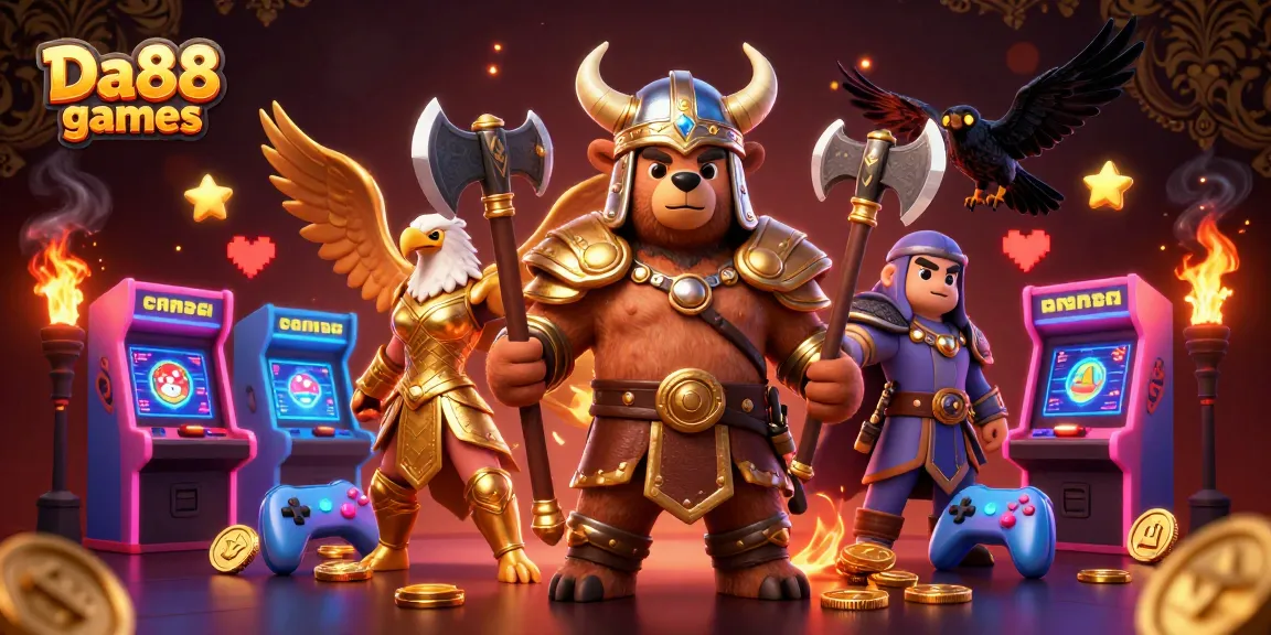 Engage in exciting Da88 games with a Viking berserker and Valkyrie eagle in dynamic casino scene.