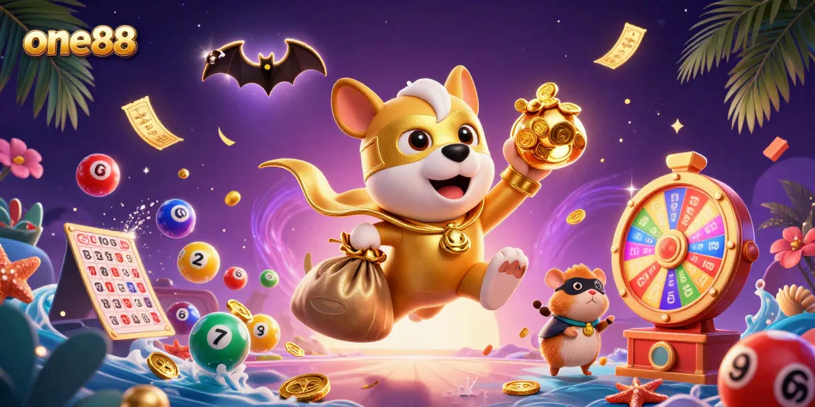 Experience the excitement of one88 with a cartoon superhero dog flying amidst casino elements and lottery balls.