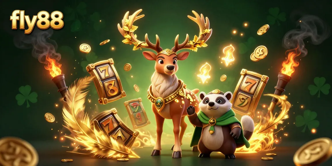 Experience thrilling wins at fly88 with an engaging 3D illustration of slot games and mystical elements glowing.