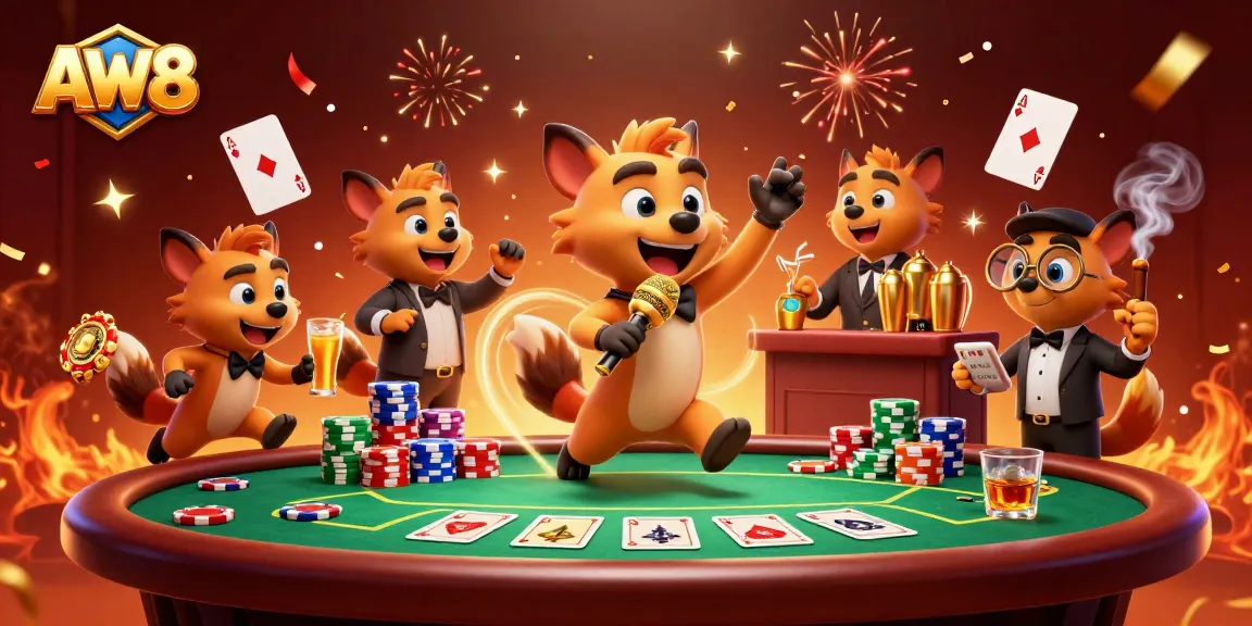 Experience the thrills of AW8 with lively hyenas at a casino comedy club featuring poker elements.