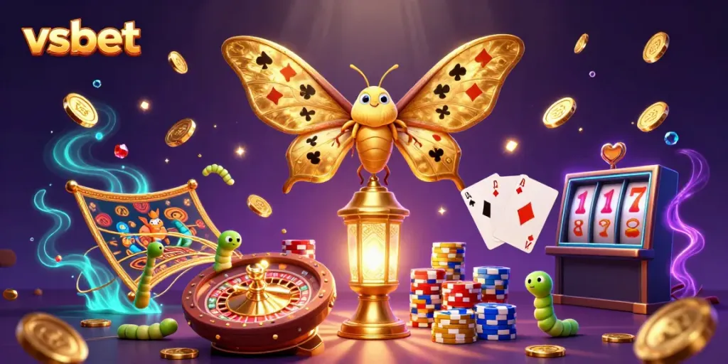 Explore the vibrant world of vsbet with a colorful casino scene featuring a golden-winged moth and dazzling game elements.