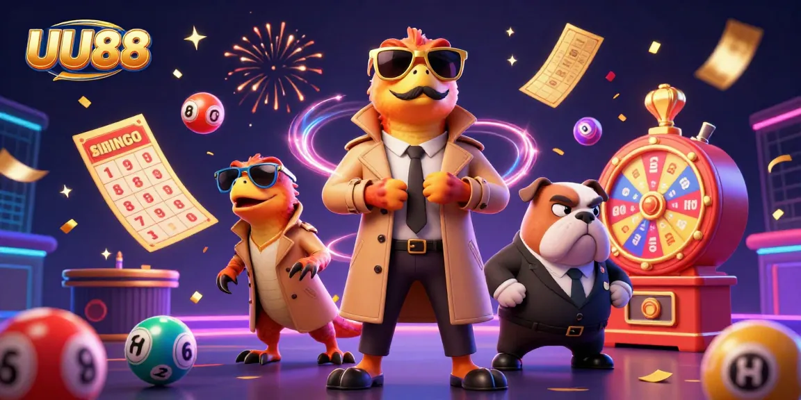 UU88 raptors in a trench coat sneak into a VIP casino while colorful lottery balls bounce around.