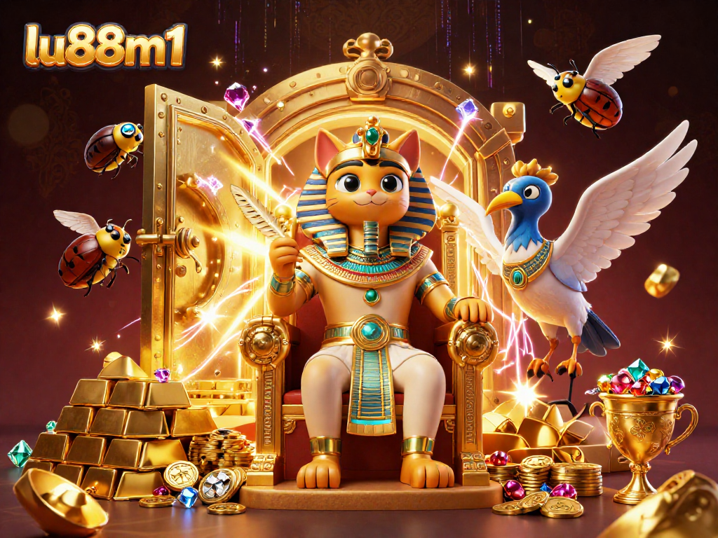 Spin for jackpots at lu88m1 with a vibrant Egyptian-themed 3D casino illustration.