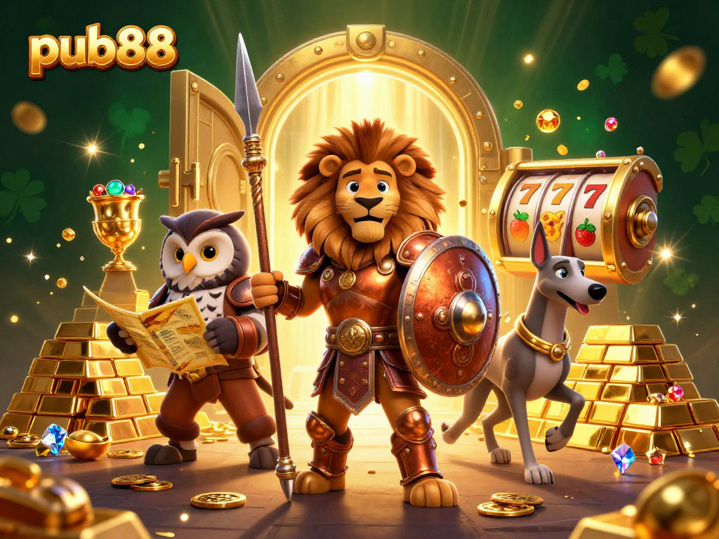 Unleash big wins at pub88 with vibrant 3D illustration showcasing thrilling slot reels and treasure!