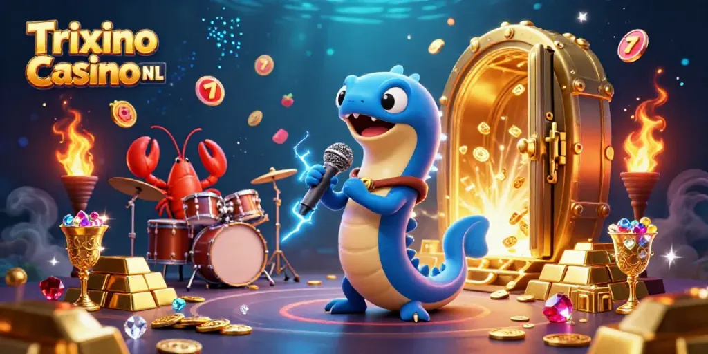 Experience the excitement at Trixino Casino NL with a dynamic underwater scene featuring musical sea creatures and casino elements.
