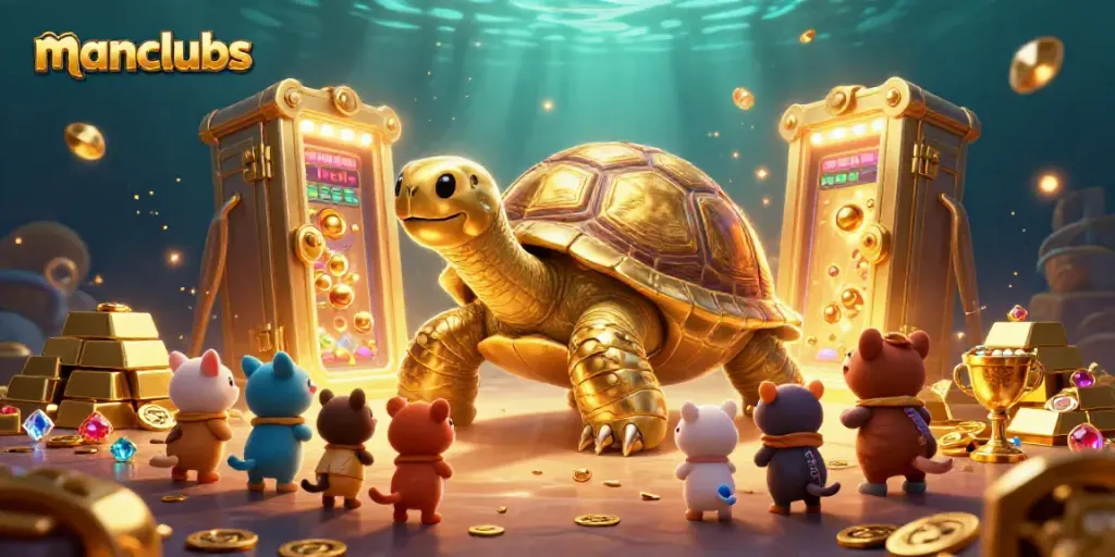 Join the excitement at manclubs with a giant golden tortoise pinball game and sparkling treasures.