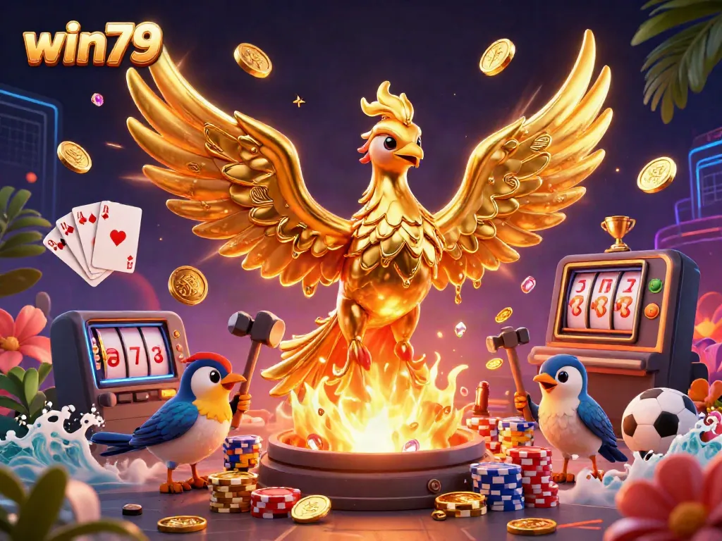Win79's molten metal phoenix symbolizing sports betting excitement with dynamic gambling elements.
