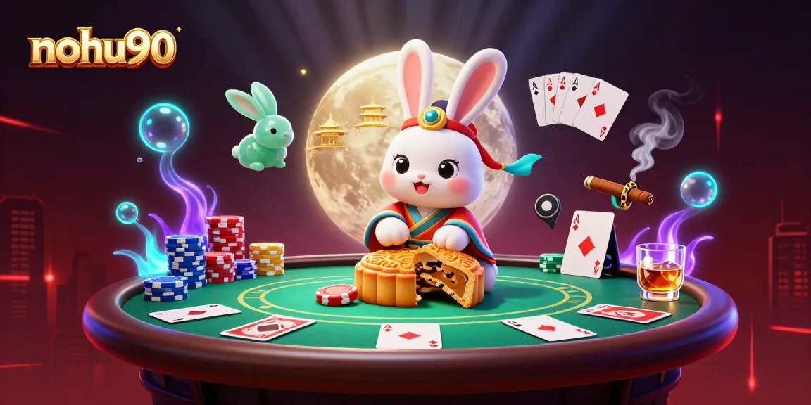 Experience nohu90 gaming excitement with a vibrant scene of a moon rabbit unveiling poker chips.