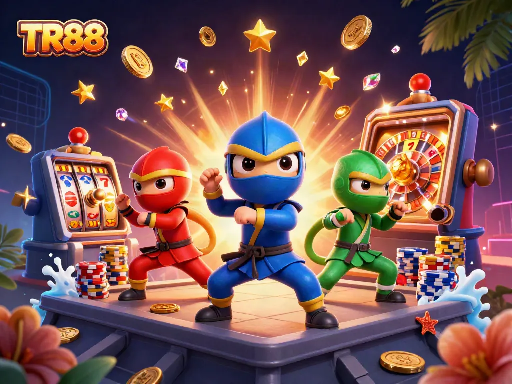 Engage with TR88 as ninja chameleons showcase casino excitement with golden coins and vibrant slots.