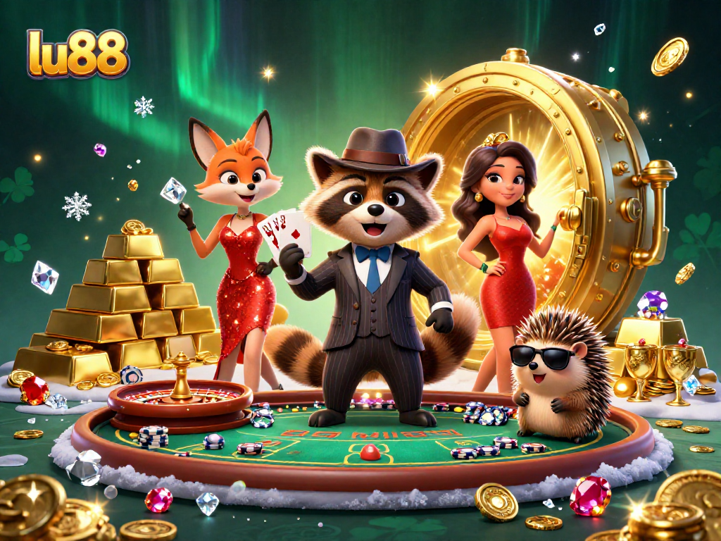 Experience the excitement of lu88 with a raccoon, fox, and hedgehog in a vibrant casino scene.