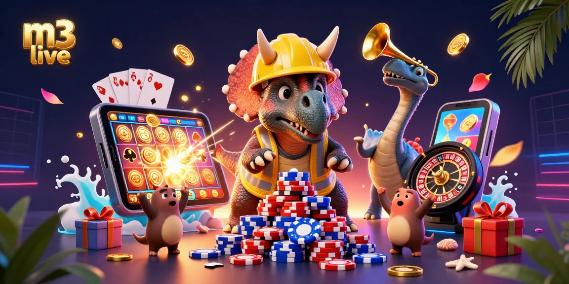 Experience thrilling gameplay at m3 live with vibrant slots, poker, and more in a 3D animated scene.