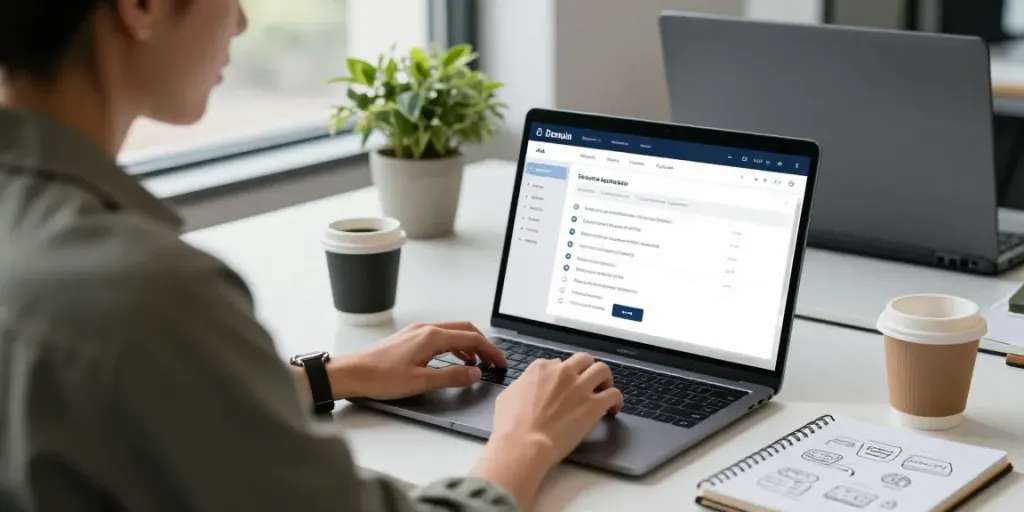 Een persoon registreert een domeinnaam op een laptop in een moderne kantooromgeving.
