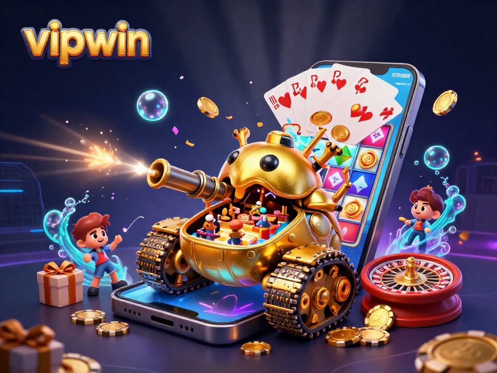 Experience thrilling gaming action with vipwin's vibrant 3D casino scene, featuring golden beetle tank and slot game elements.