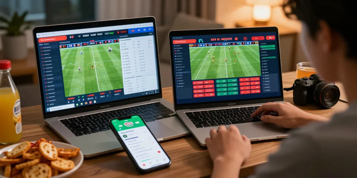 Engaged sports fan analyzing kèo nhà cái on laptop with live updates.