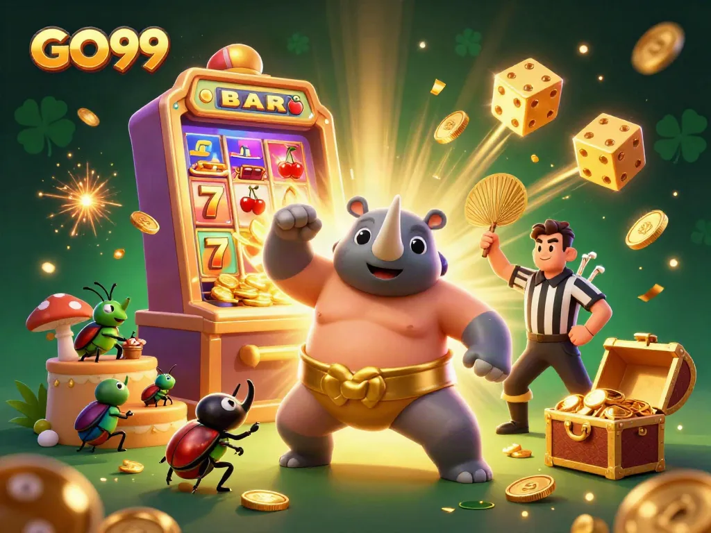 Experience the GO99 excitement with a 3D cartoon beetle sumo champion amid jackpots and colorful casino games.