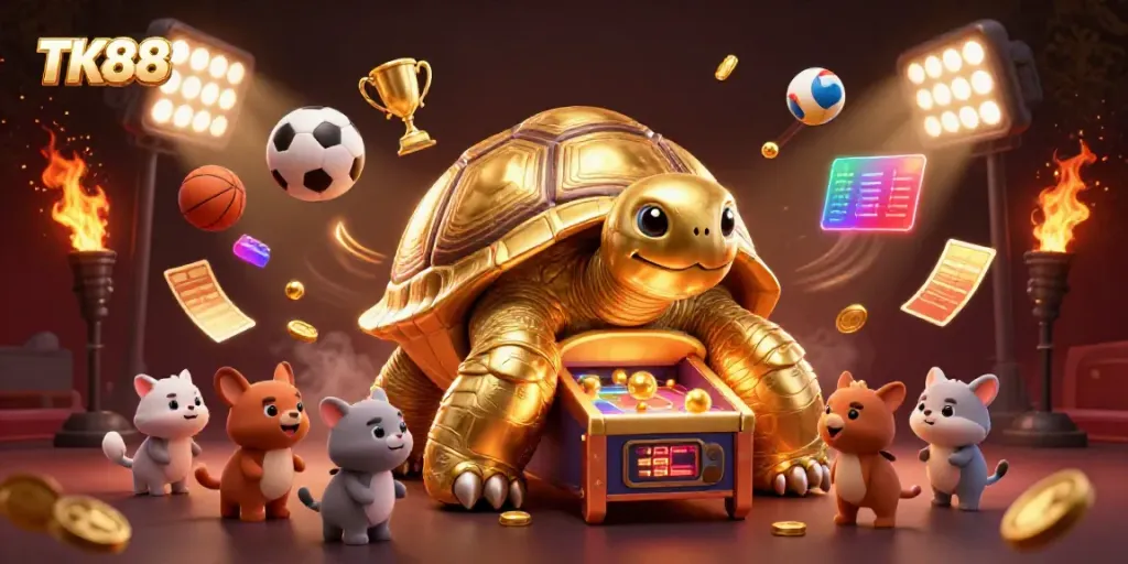 Engage with TK88's thrilling betting experience featuring a colossal tortoise pinball machine and excited animals.