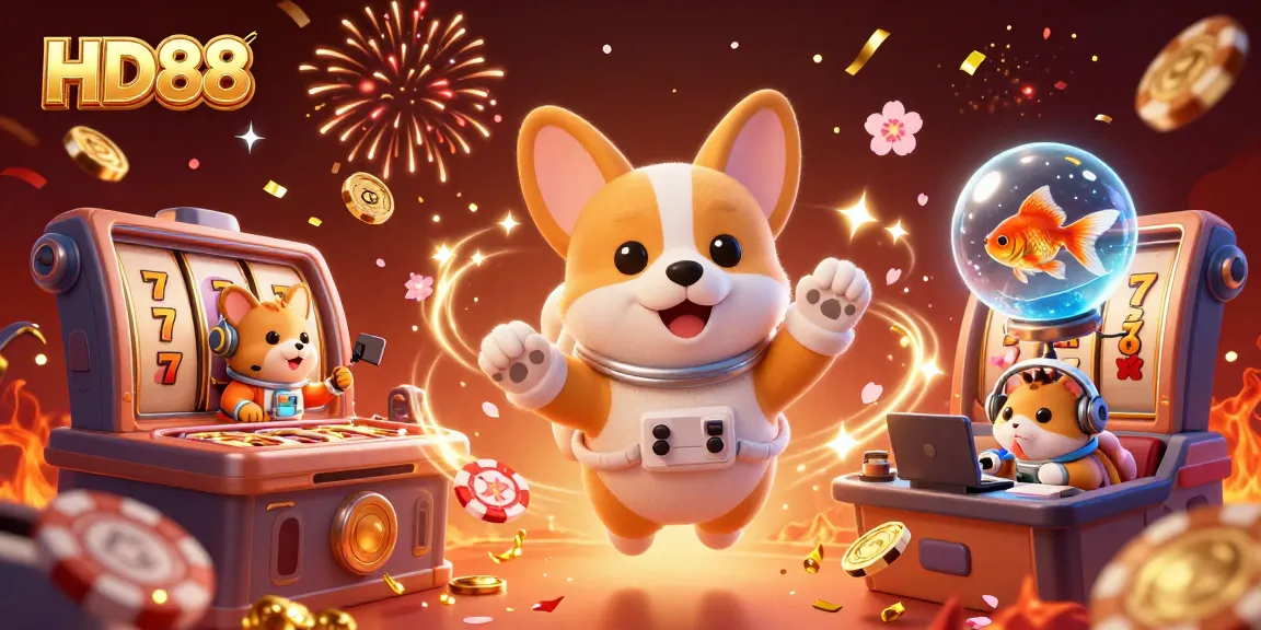 Experience HD88 in a vibrant casino scene with colorful slot reels and playful characters.