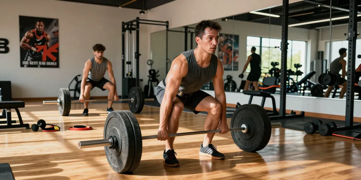 Prime Pharma Steroiden Winkel: Atletische man doet deadlift in moderne sportschool met motivaties en apparatuur.