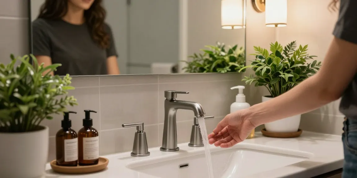 gunmetal badkamerkraan kopen in een moderne badkamer met stijlvolle inrichting en planten