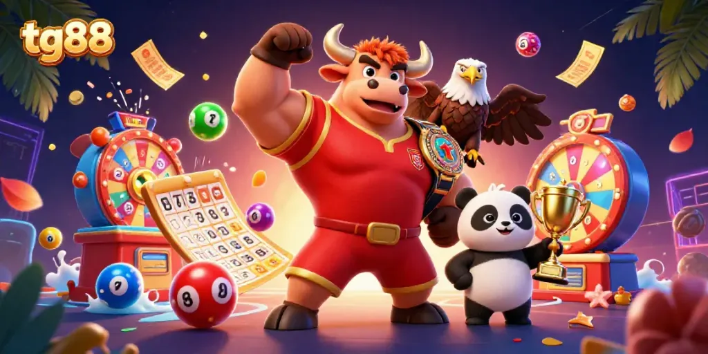 Experience thrilling gaming with tg88 featuring cartoon bull, eagle, and panda in a vibrant casino scene.