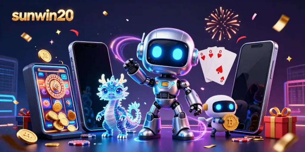 Experience the vibrant action of sunwin20 with a futuristic illustration showcasing casino gaming elements and characters.