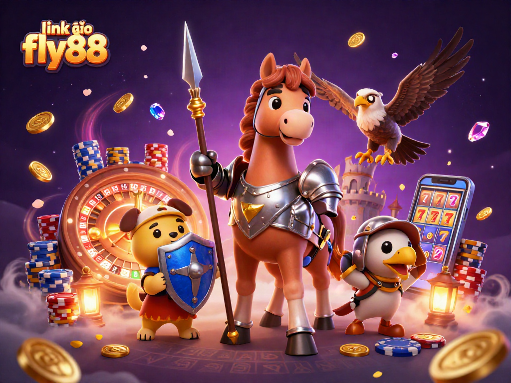 Win big with link vào fly88 featuring an illustrated knight, puppy, and falcon amid casino elements.