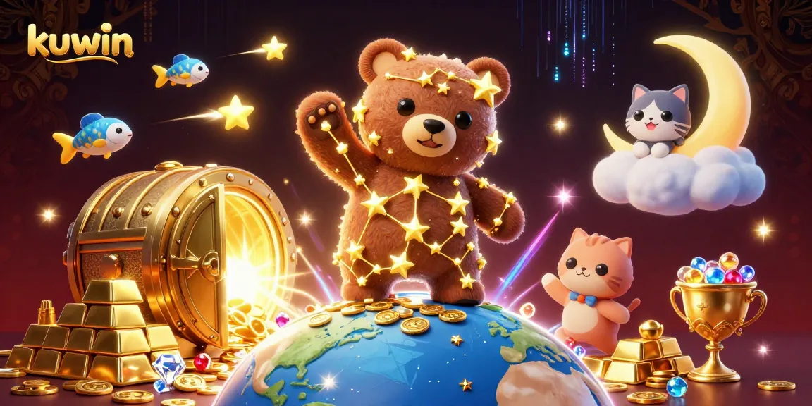 Kuwin platform showcases a constellation bear and treasure in an online casino illustration.