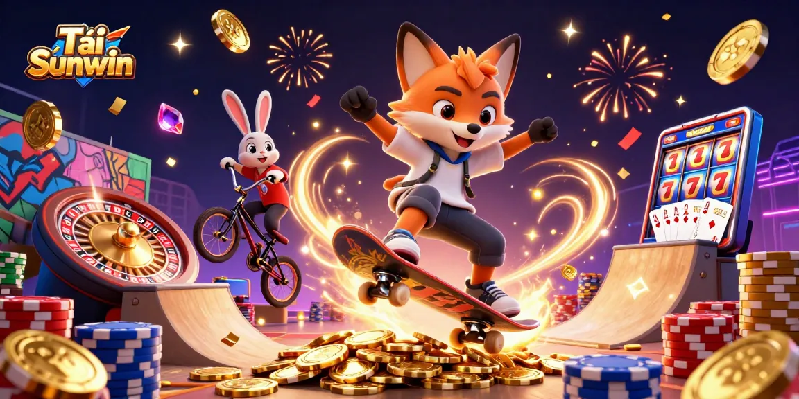 Tải Sunwin and experience thrilling gameplay with a dynamic scene of fun characters in a vibrant casino world.