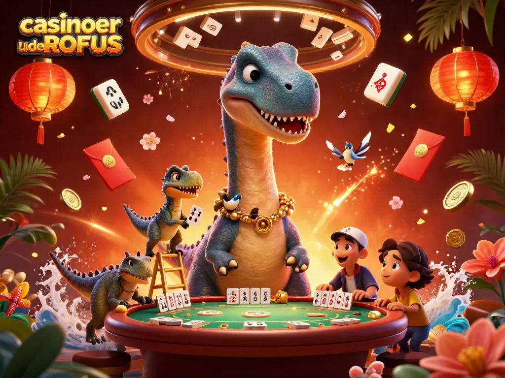 Experience excitement at casinoer uden ROFUS with a brontosaurus and raptor in a vibrant gaming scene.