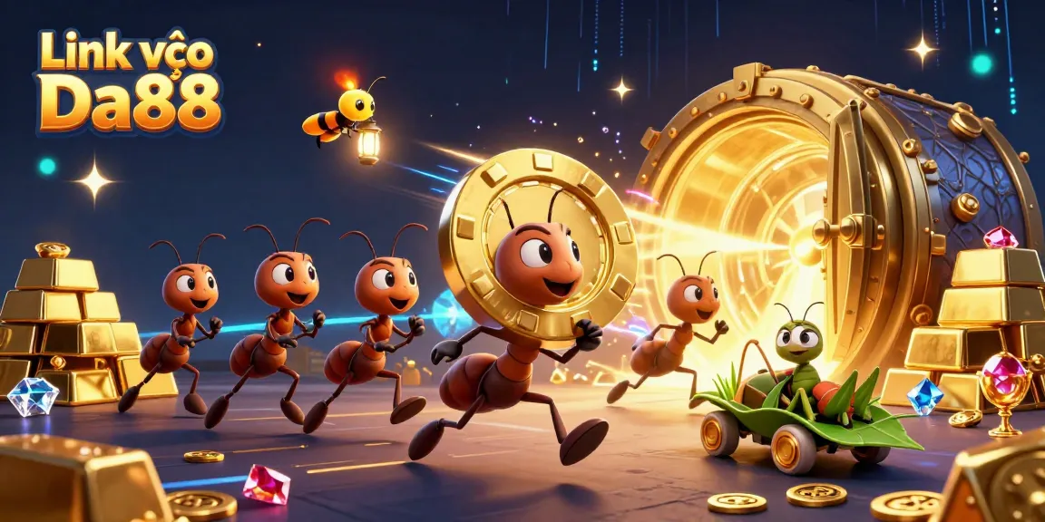 Engage in exciting gaming at Link vào Da88 with a charming 3D scene of ants stealing a giant poker chip in a vibrant treasure vault.