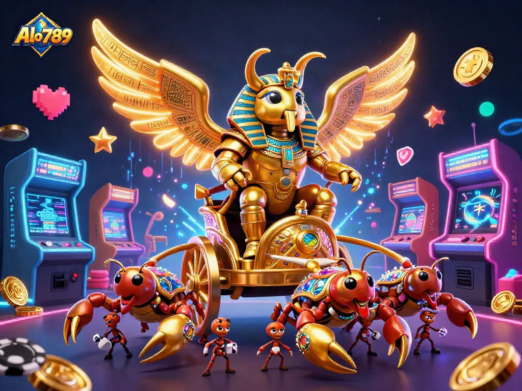 Alo789 brings excitement with a golden scarab beetle charioteer amidst lively casino elements