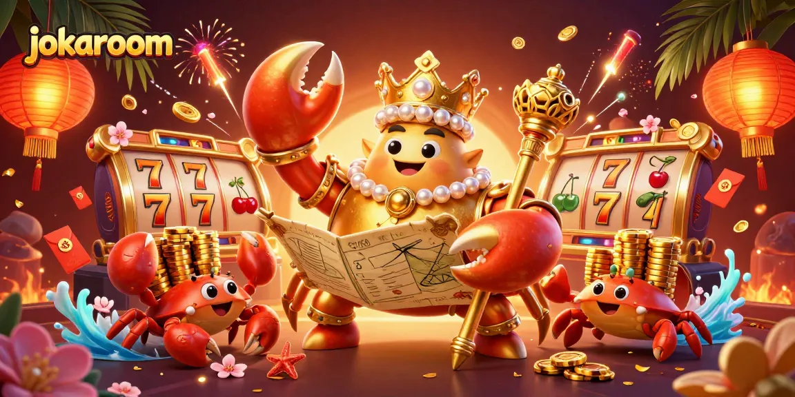 Spin the reels at jokaroom with the golden crab emperor amidst festive casino elements.