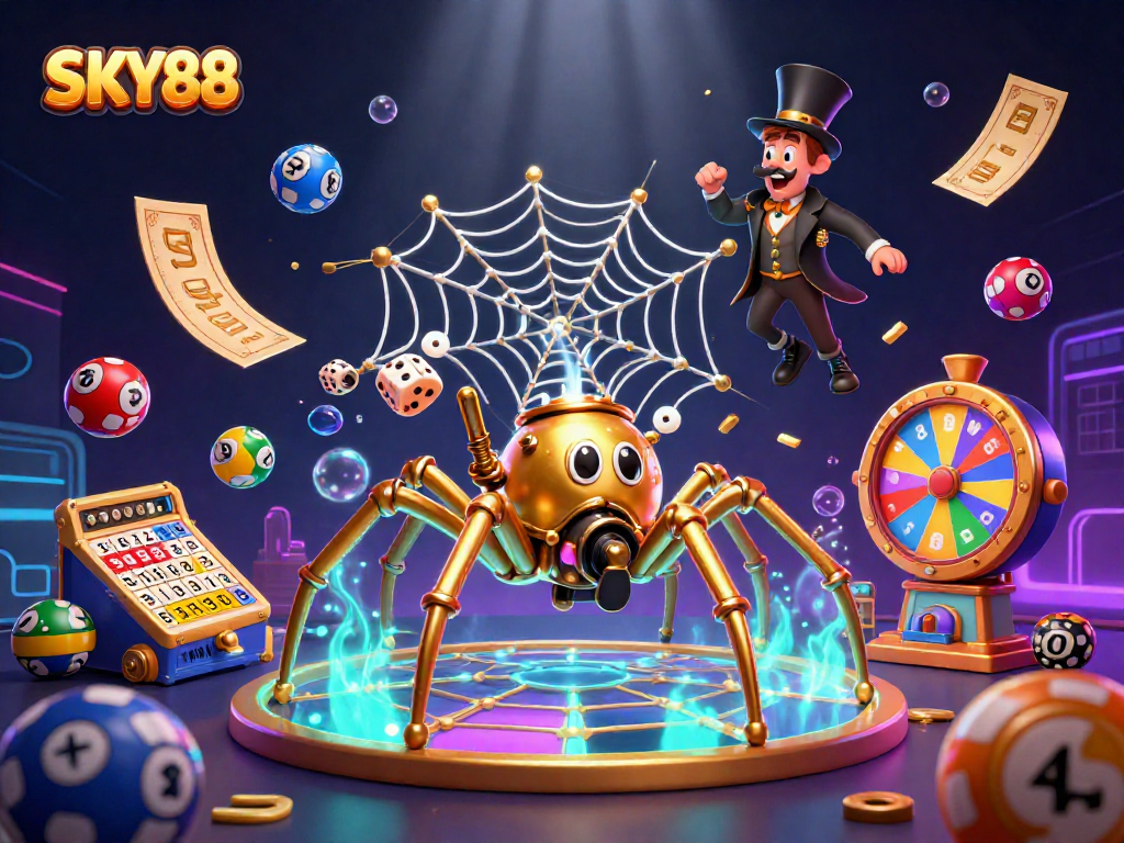 Engage with SKY88's vibrant gaming universe in an ultra-detailed 3D illustration.