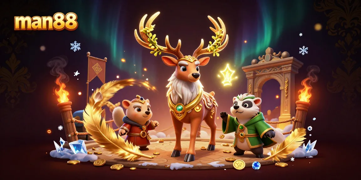 Engage in thrilling gameplay at man88, featuring captivating 3D druid and badger characters in a vibrant casino scene.