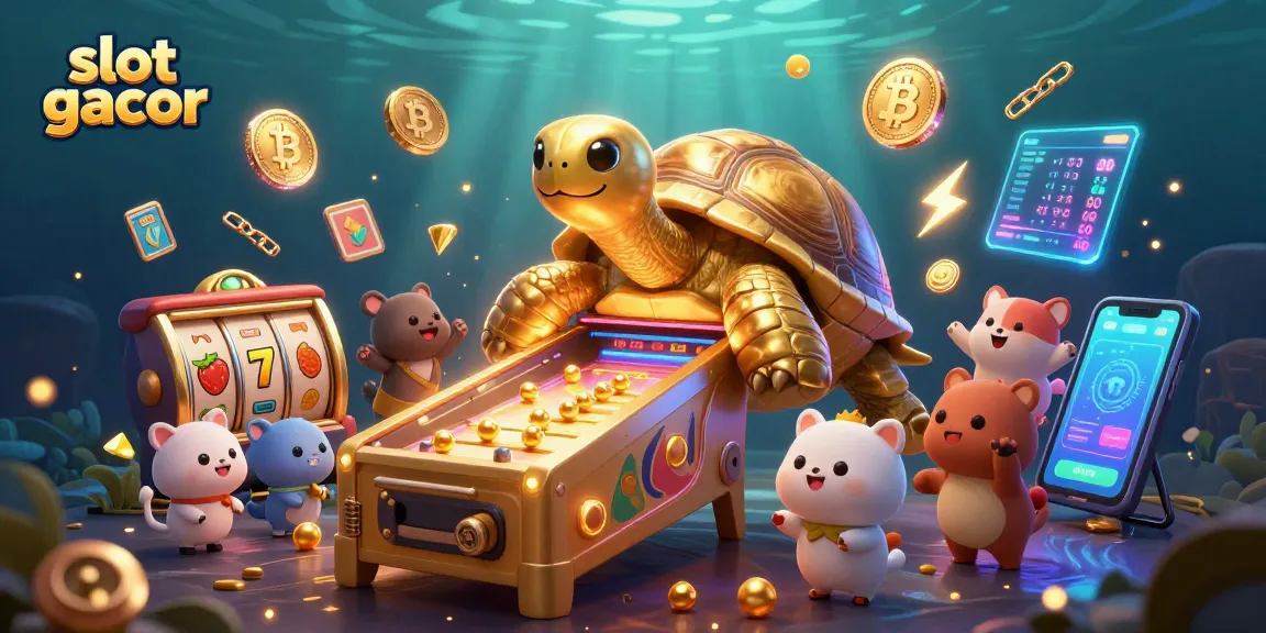 Engage with slot gacor in this vibrant scene of a golden tortoise pinball machine surrounded by casino symbols.