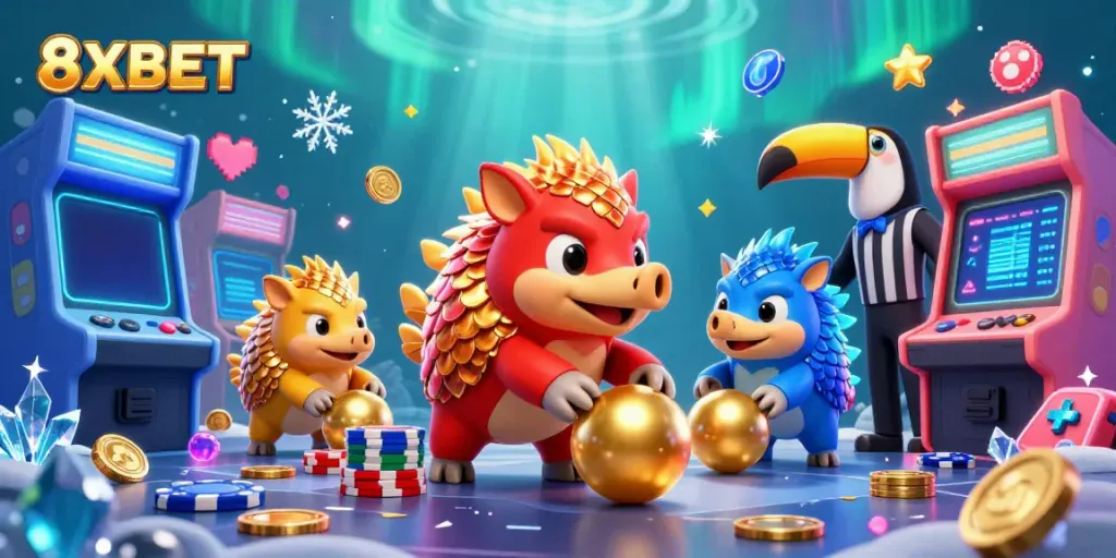 Join the fun at 8XBET with dynamic pangolins rolling through poker chips and gaming excitement!