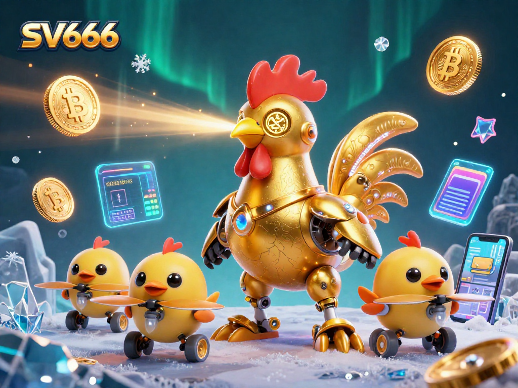 Experience the excitement of SV666 with dynamic golden rooster robot characters in a vibrant casino setting.