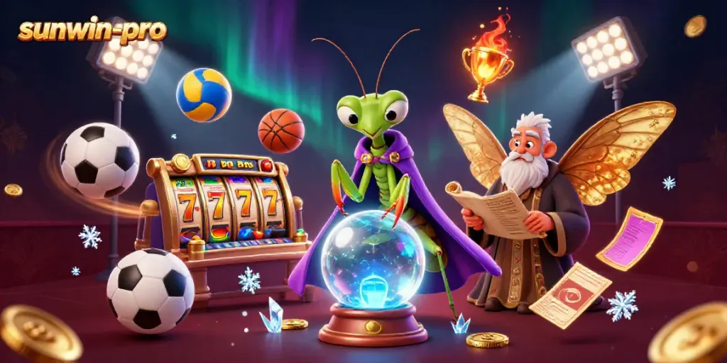 Sunwin-pro casino scene depicting a mystical fortune teller and colorful slot elements.