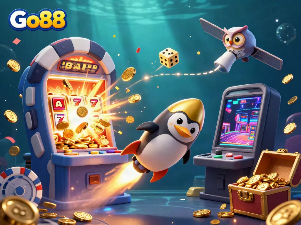 Experience thrilling wins with Go88 in a vibrant, golden coin-filled casino universe.