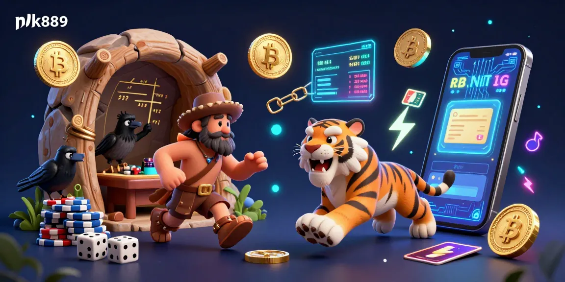 Engage with nk889's dynamic gaming experience featuring neon-lit prehistoric casino elements.