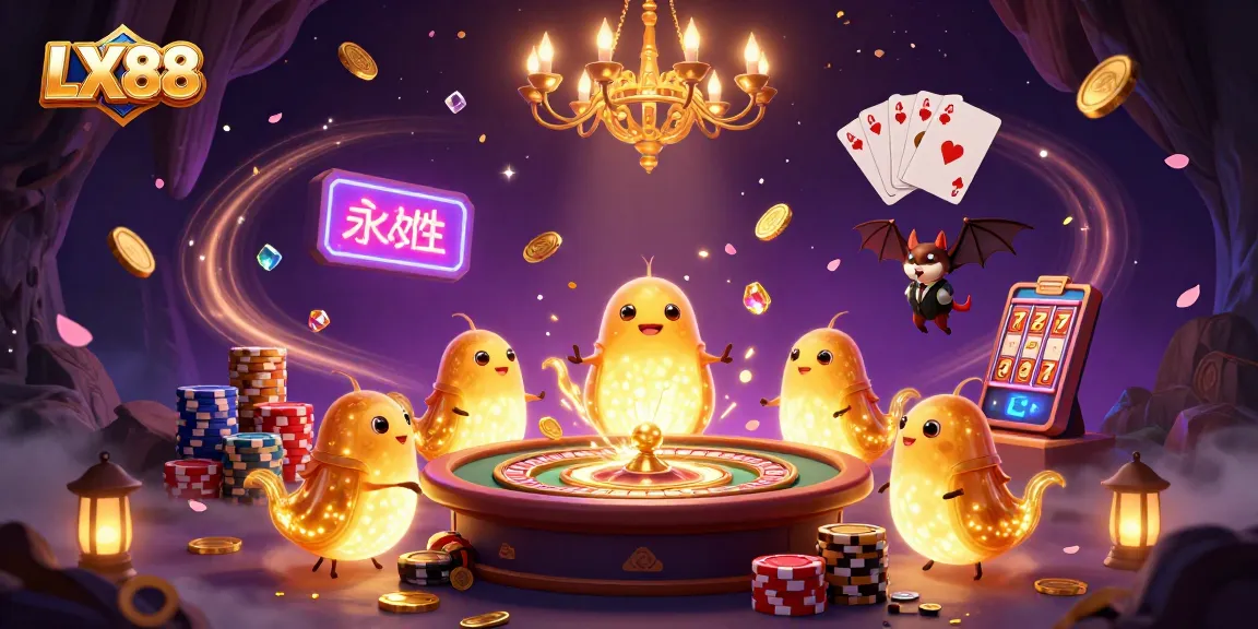 Experience the excitement of LX88 with vibrant glowworms lighting a casino scene filled with golden coins and jewels.