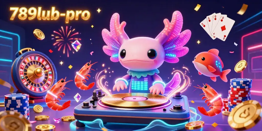 Experience the vibrant world of 789lub-pro with an exciting neon-themed casino scene featuring cartoon characters and game elements.