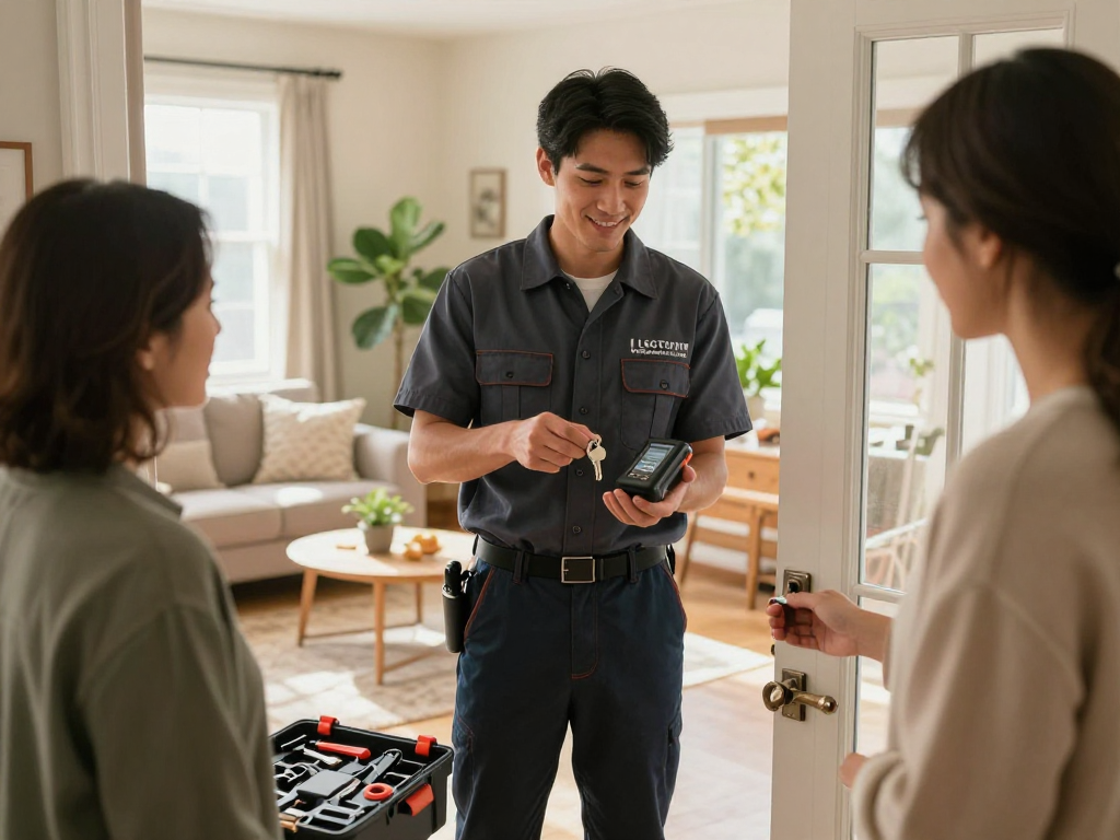 House locksmith Port St. Lucie helping a homeowner with key replacement in a cozy living room.