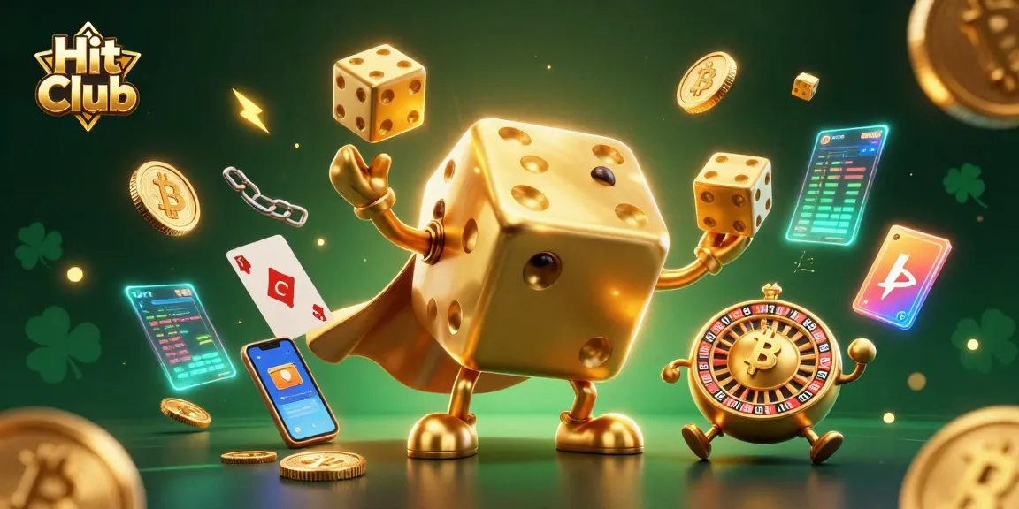 Engage in high-stakes action at Hit Club, featuring a dynamic illustration of golden dice and vibrant crypto elements.