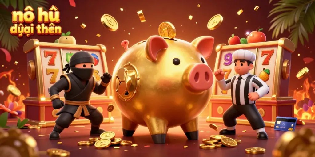 Experience nổ hũ đổi thưởng with a golden piggy bank sumo wrestler amidst dynamic slot game elements.