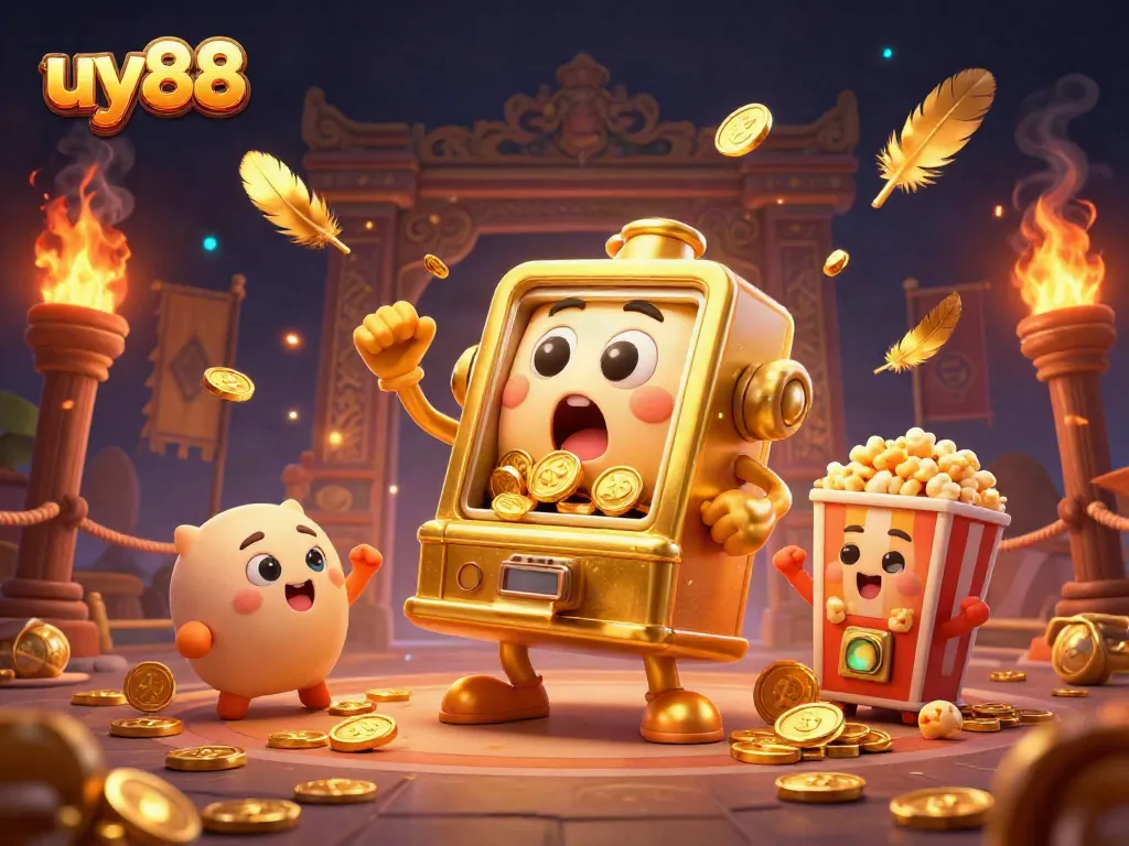 uy88 jackpot slot machine celebrating winnings with coins pouring out and cheerful companions